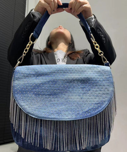 Stylish Blue Tassel Zircon Denim Shoulder Bags