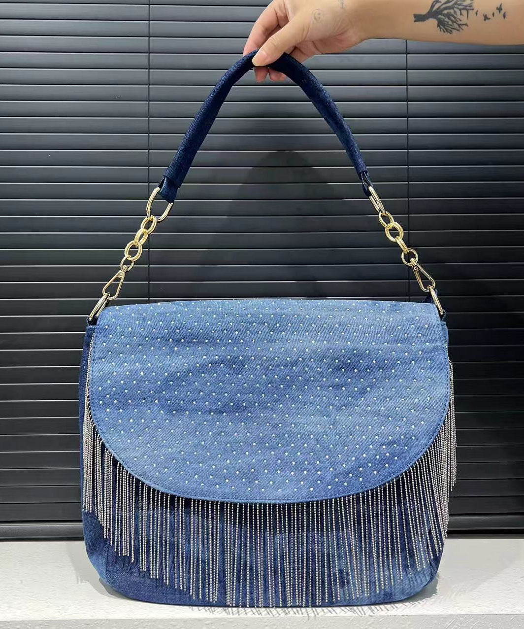 Stylish Blue Tassel Zircon Denim Shoulder Bags