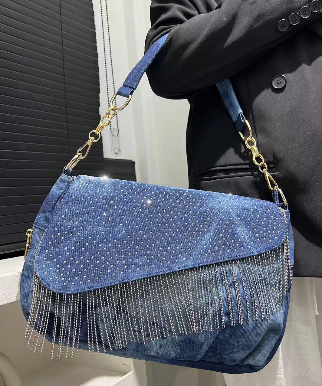 Stylish Blue Tassel Zircon Patchwork Denim Shoulder Bags