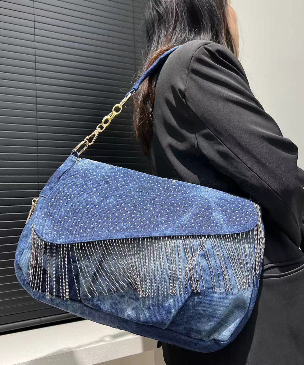 Stylish Blue Tassel Zircon Patchwork Denim Shoulder Bags