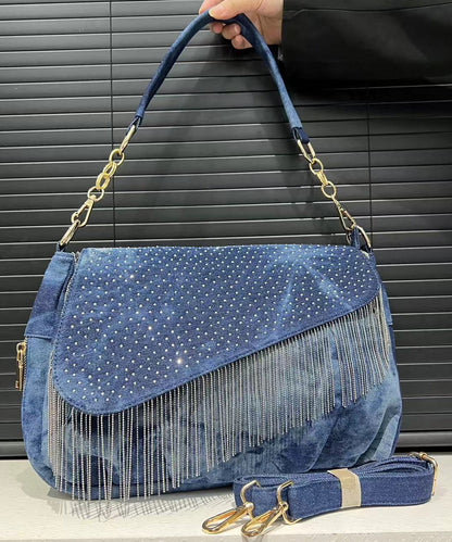 Stylish Blue Tassel Zircon Patchwork Denim Shoulder Bags
