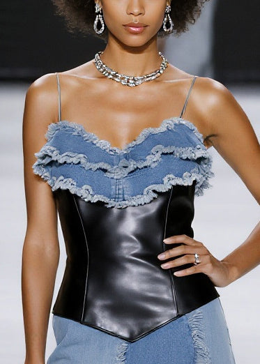 Stylish Blue Tasseled Patchwork Faux Leather Denim Mini Dresses Summer