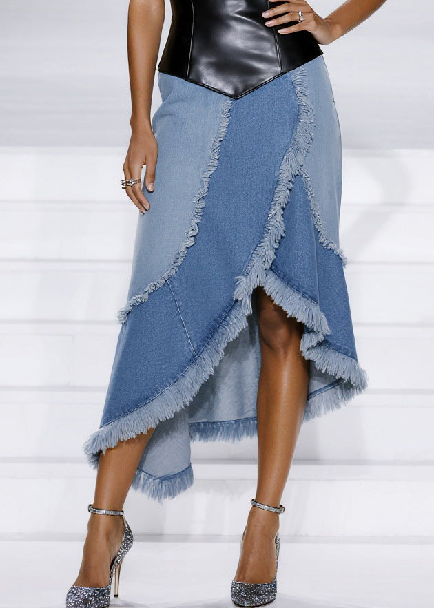 Stylish Blue Tasseled Patchwork Faux Leather Denim Mini Dresses Summer