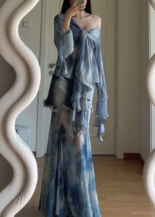 Stylish Blue Tie Dye Lace Up Patchwork Tulle Two Pieces Set Flare Sleeve