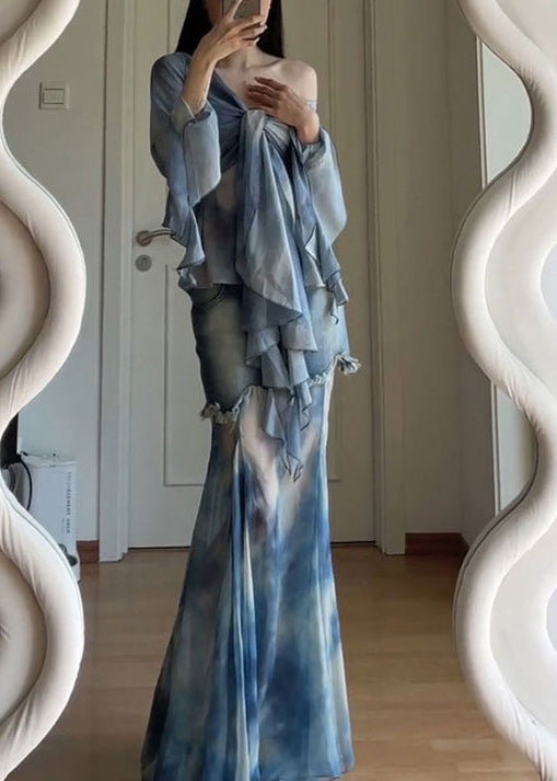 Stylish Blue Tie Dye Lace Up Patchwork Tulle Two Pieces Set Flare Sleeve