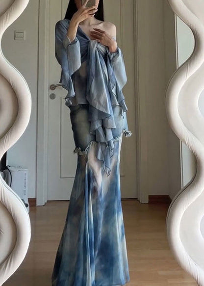 Stylish Blue Tie Dye Lace Up Patchwork Tulle Two Pieces Set Flare Sleeve