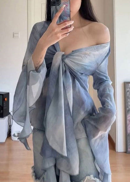 Stylish Blue Tie Dye Lace Up Patchwork Tulle Two Pieces Set Flare Sleeve