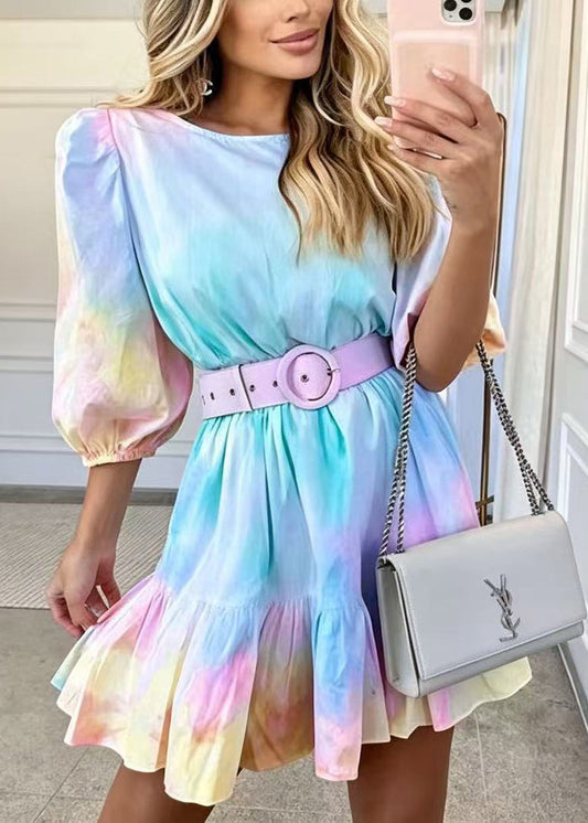 Stylish Blue Tie Dye Sashes Cotton Vacation Dress Summer