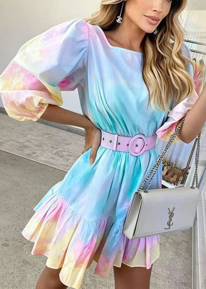 Stylish Blue Tie Dye Sashes Cotton Vacation Dress Summer