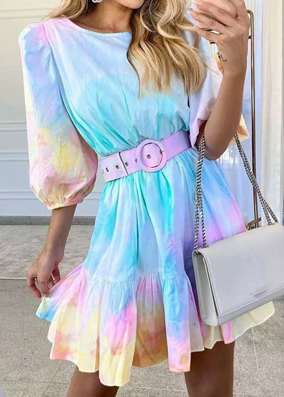 Stylish Blue Tie Dye Sashes Cotton Vacation Dress Summer