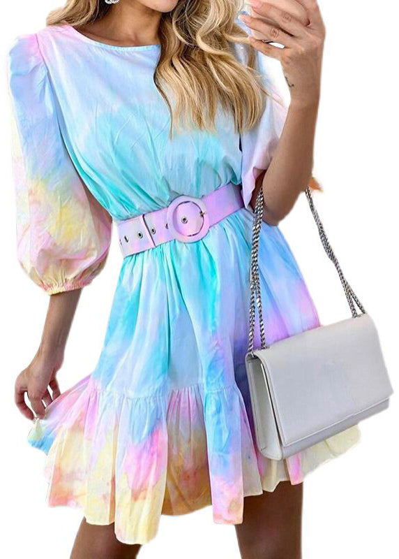 Stylish Blue Tie Dye Sashes Cotton Vacation Dress Summer