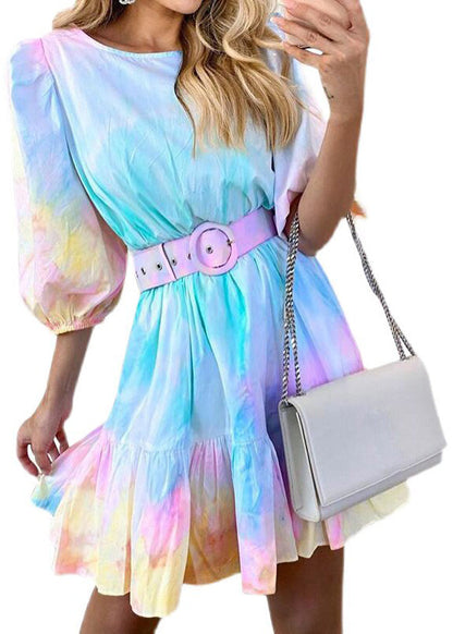 Stylish Blue Tie Dye Sashes Cotton Vacation Dress Summer