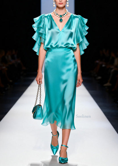 Stylish Blue Top And Skirts Silk Two Pieces Set Butterfly Sleeve