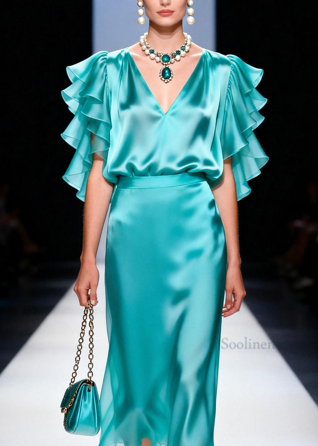Stylish Blue Top And Skirts Silk Two Pieces Set Butterfly Sleeve