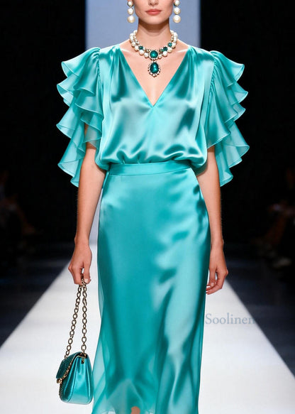 Stylish Blue Top And Skirts Silk Two Pieces Set Butterfly Sleeve