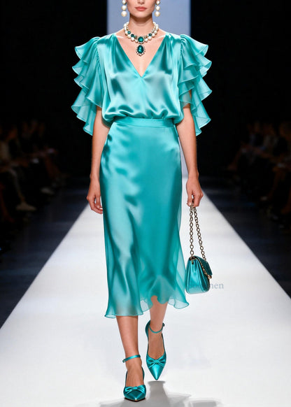 Stylish Blue Top And Skirts Silk Two Pieces Set Butterfly Sleeve