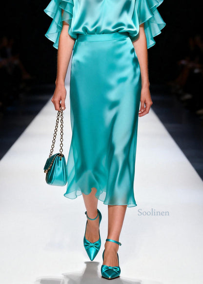 Stylish Blue Top And Skirts Silk Two Pieces Set Butterfly Sleeve