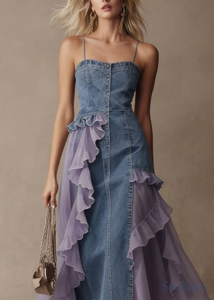 Stylish Blue Tulle Ruffled Patchwork Denim Spaghetti Strap Dress Summer