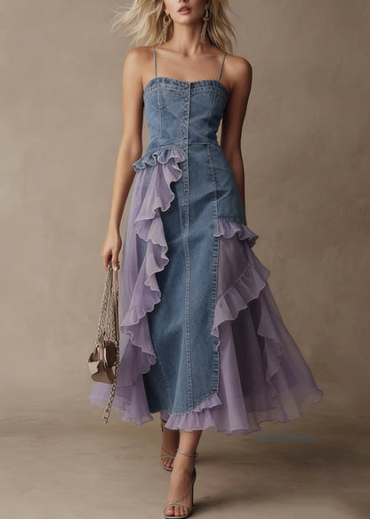 Stylish Blue Tulle Ruffled Patchwork Denim Spaghetti Strap Dress Summer