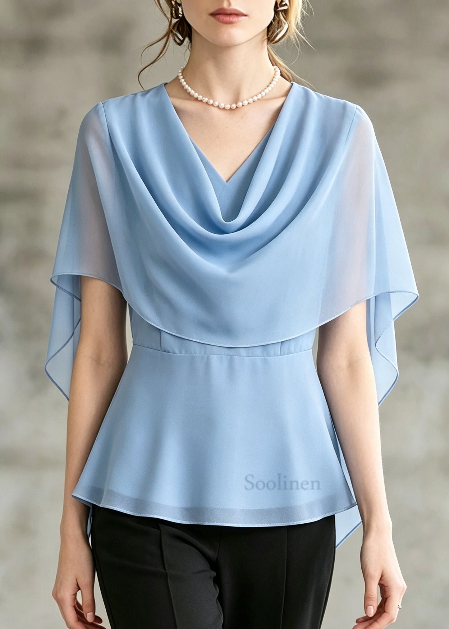 Stylish Blue Turtle Neck Chiffon Shirts Cloak Sleeves
