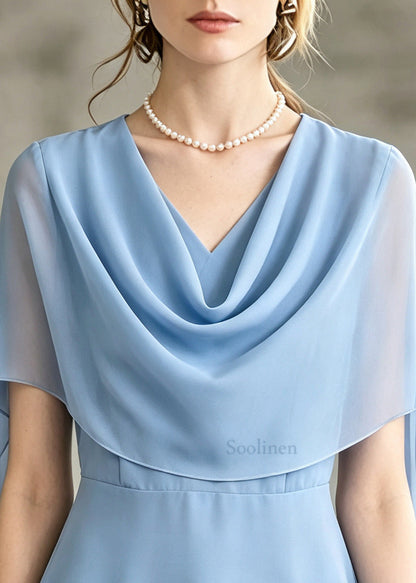 Stylish Blue Turtle Neck Chiffon Shirts Cloak Sleeves