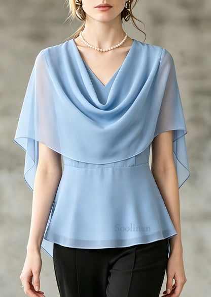 Stylish Blue Turtle Neck Chiffon Shirts Cloak Sleeves