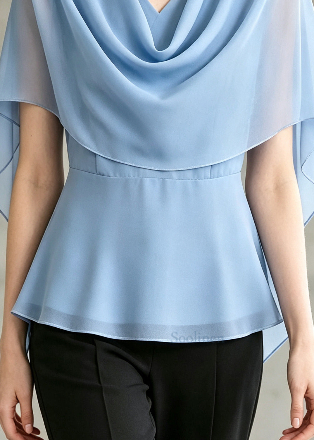 Stylish Blue Turtle Neck Chiffon Shirts Cloak Sleeves