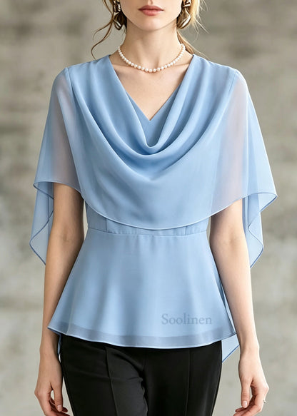Stylish Blue Turtle Neck Chiffon Shirts Cloak Sleeves
