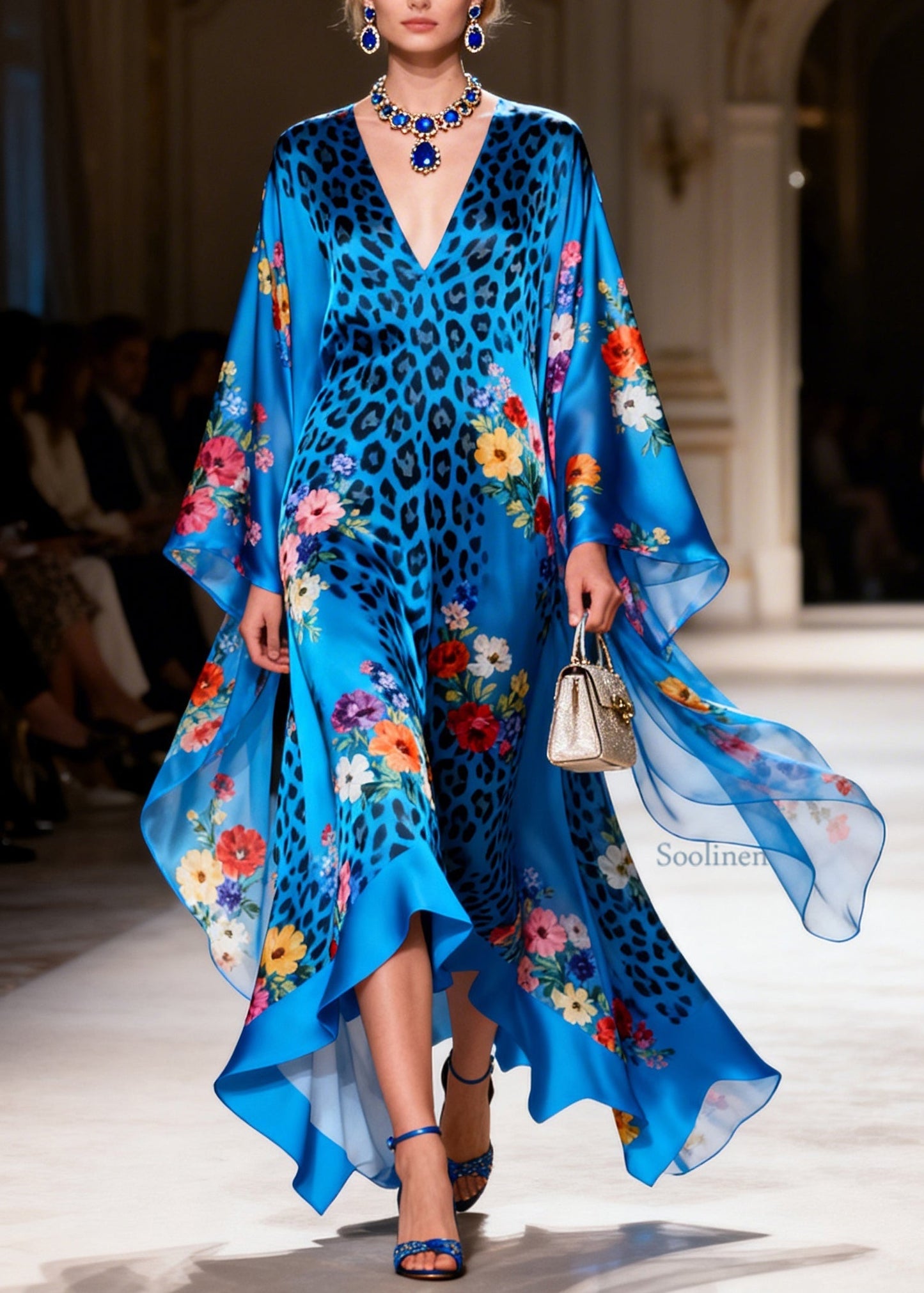 Stylish Blue V Neck Leopard Floral Print Silk Long Dress Summer