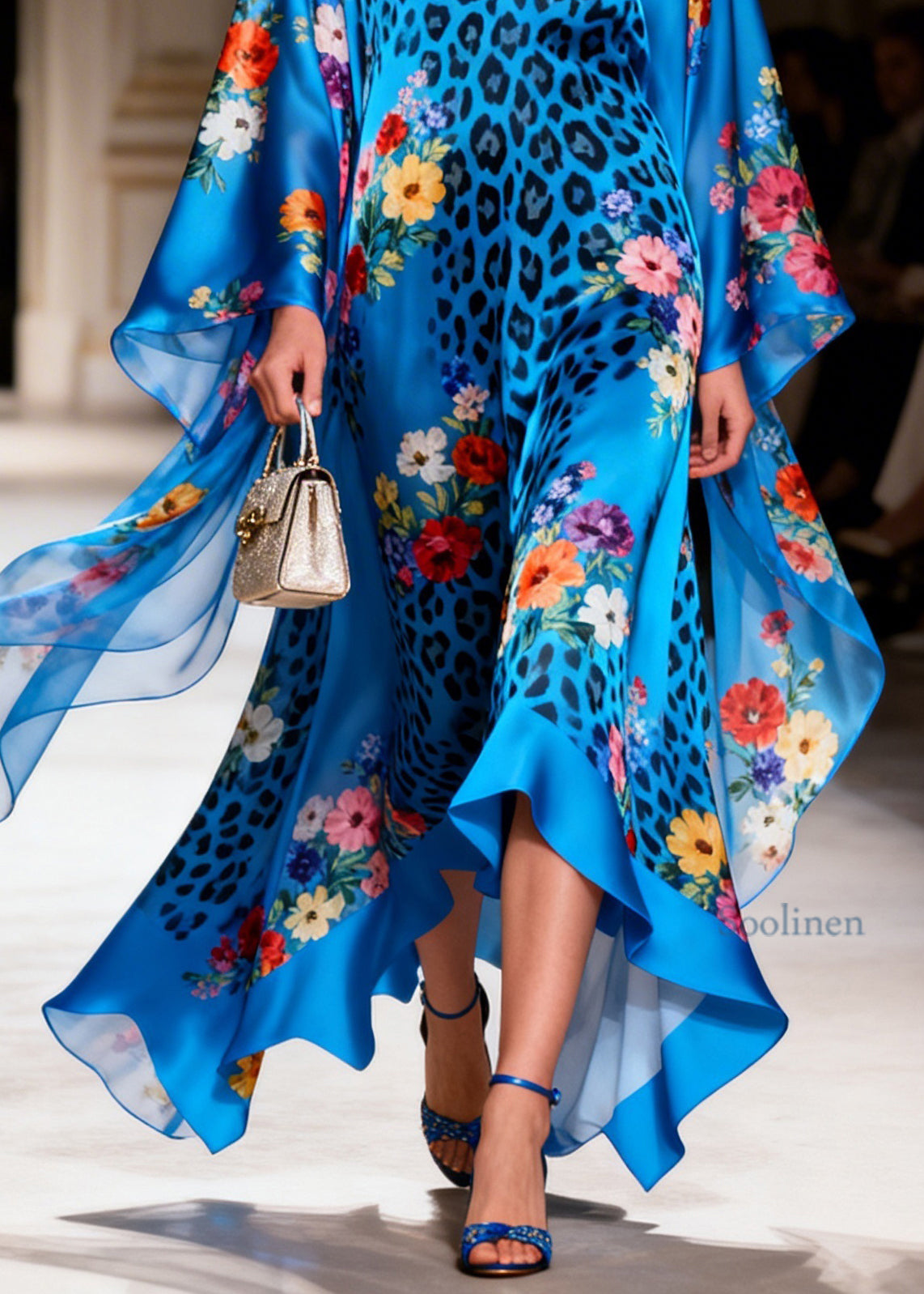 Stylish Blue V Neck Leopard Floral Print Silk Long Dress Summer