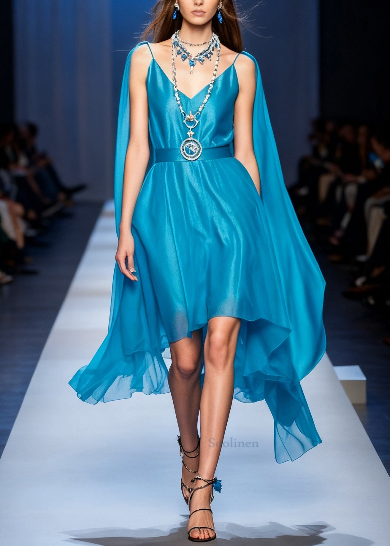 Stylish Blue V Neck Pockets Chiffon Long Dresses Sleeveless