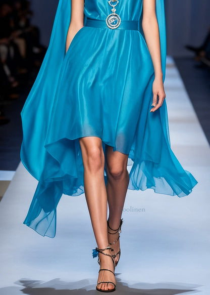 Stylish Blue V Neck Pockets Chiffon Long Dresses Sleeveless