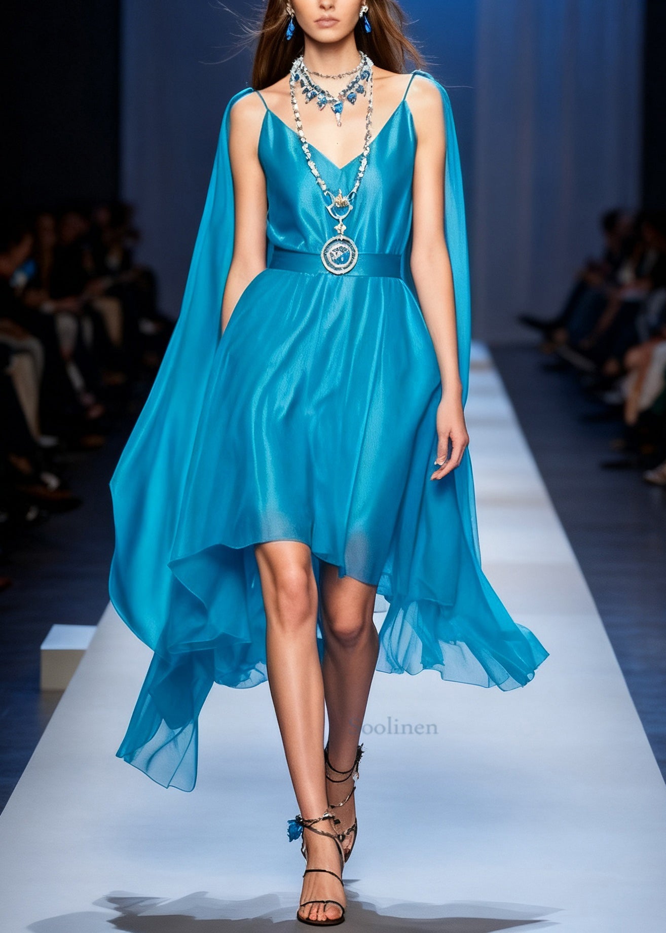 Stylish Blue V Neck Pockets Chiffon Long Dresses Sleeveless