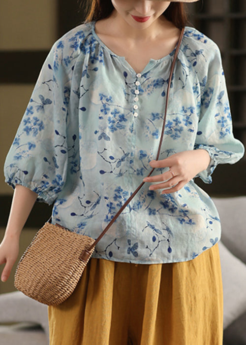 Stylish Blue V Neck Print Linen Shirts Bracelet Sleeve