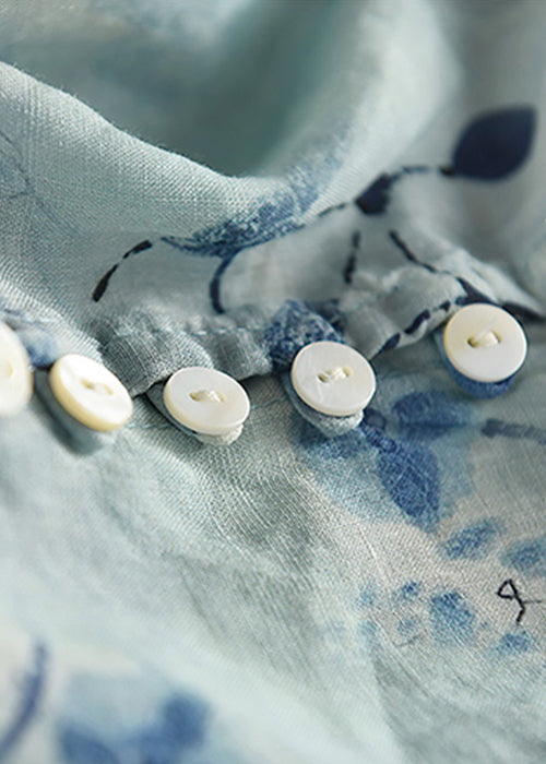 Stylish Blue V Neck Print Linen Shirts Bracelet Sleeve