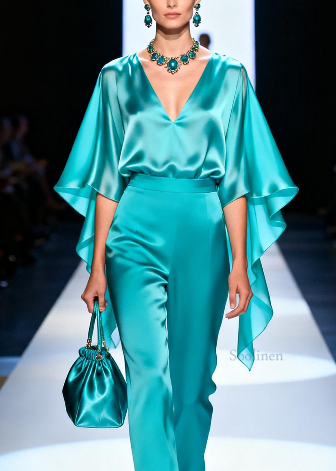 Stylish Blue V Neck Top And Pants Silk Two Pieces Set Summer