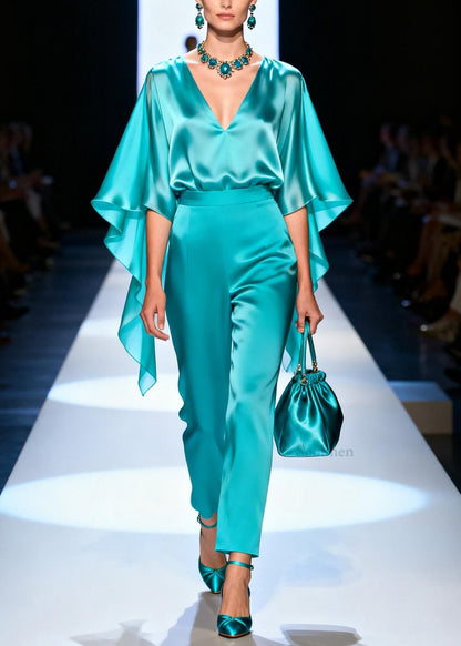 Stylish Blue V Neck Top And Pants Silk Two Pieces Set Summer
