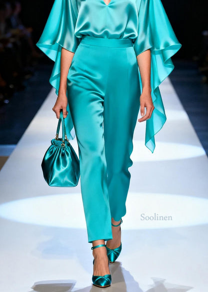 Stylish Blue V Neck Top And Pants Silk Two Pieces Set Summer