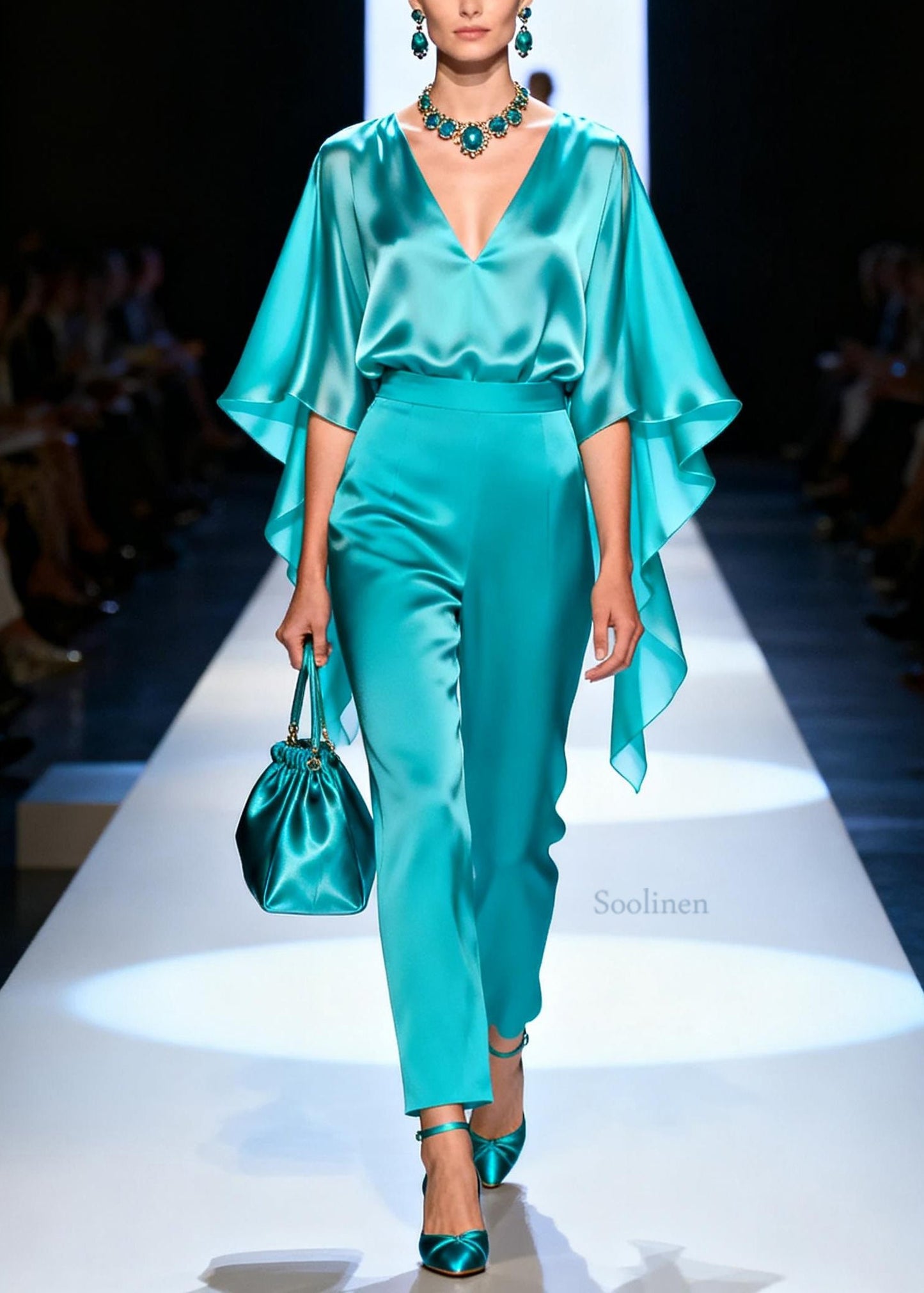 Stylish Blue V Neck Top And Pants Silk Two Pieces Set Summer