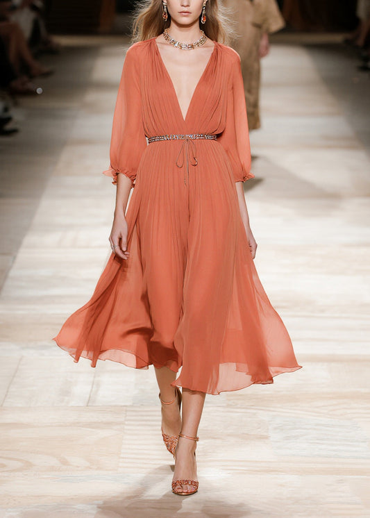 Stylish Brick Red Cinched Wrinkled Chiffon Long Dresses Summer