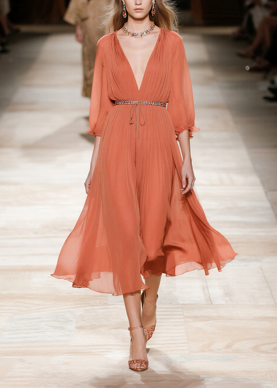 Stylish Brick Red Cinched Wrinkled Chiffon Long Dresses Summer