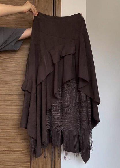 Stylish Brown Asymmetrical Lace Tasseled Patchwork Skirts Summer