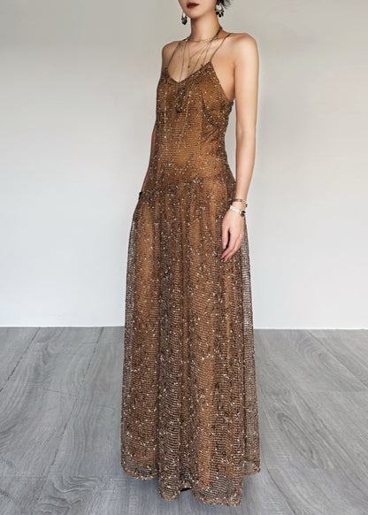 Stylish Brown Lace Up Tulle Spaghetti Strap Dress Summer