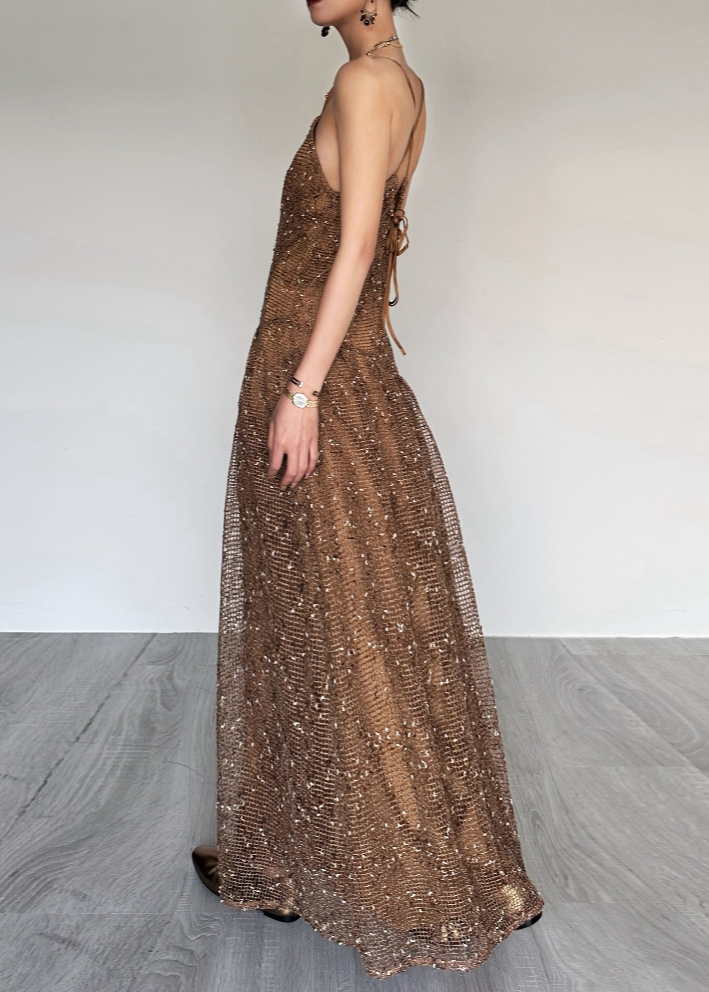 Stylish Brown Lace Up Tulle Spaghetti Strap Dress Summer