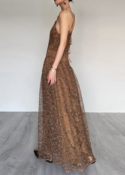 Stylish Brown Lace Up Tulle Spaghetti Strap Dress Summer