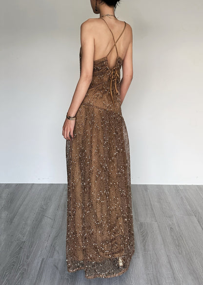 Stylish Brown Lace Up Tulle Spaghetti Strap Dress Summer