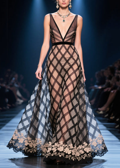 Stylish Brown Plaid Exra Large Hem Chiffon Cami Dress Summer