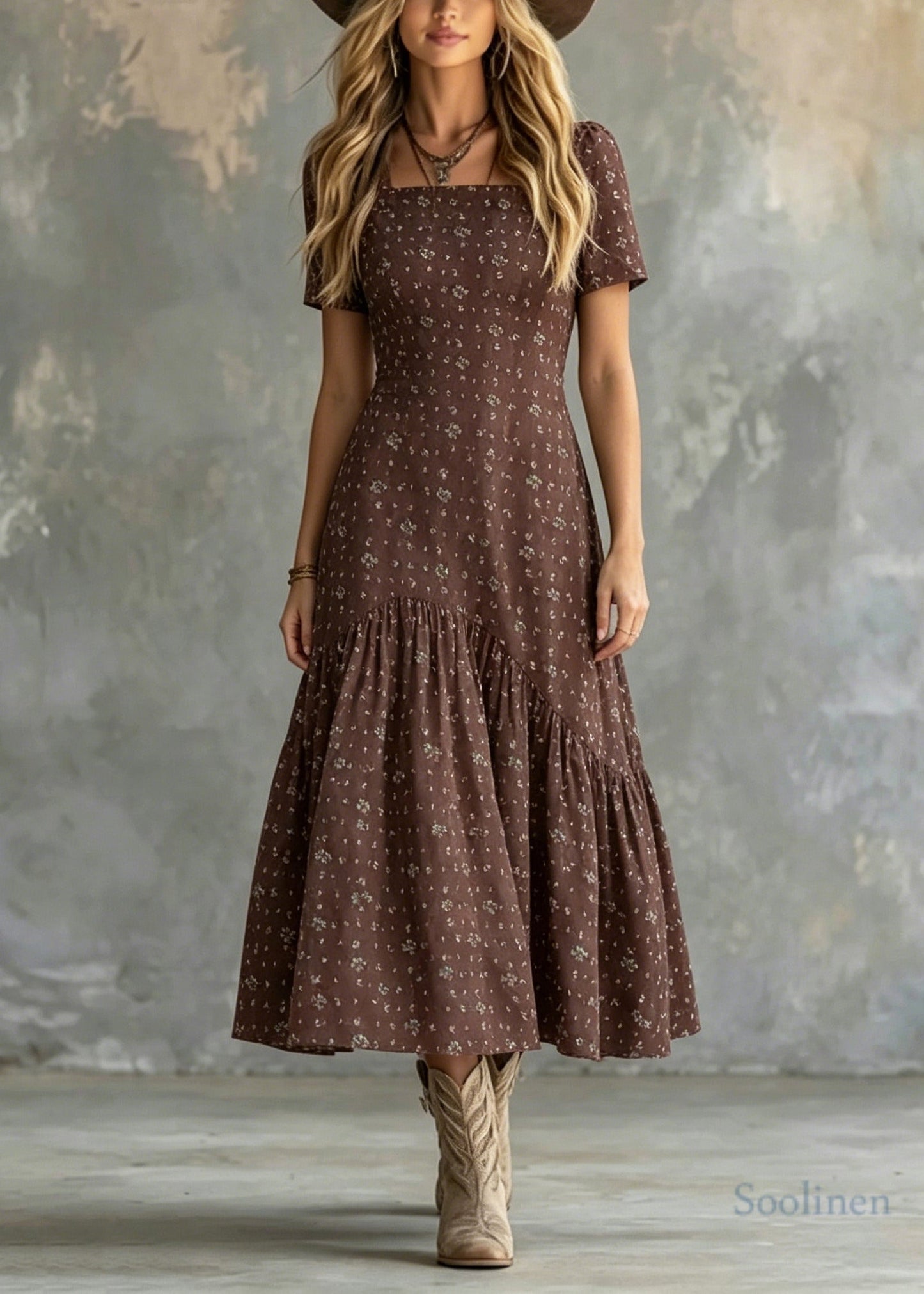 Stylish Brown Square Collar Print Cotton Long Dresses Summer
