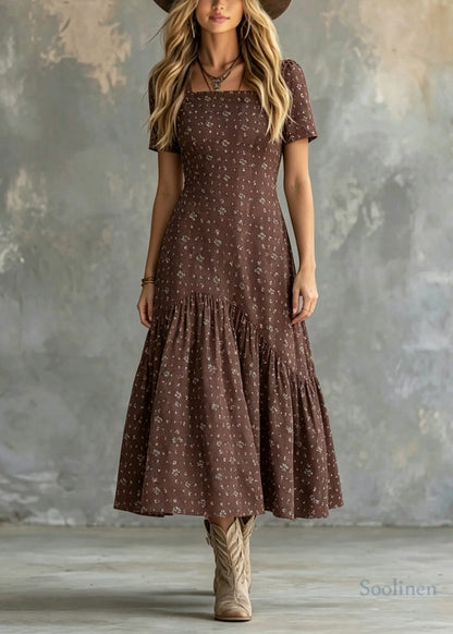 Stylish Brown Square Collar Print Cotton Long Dresses Summer