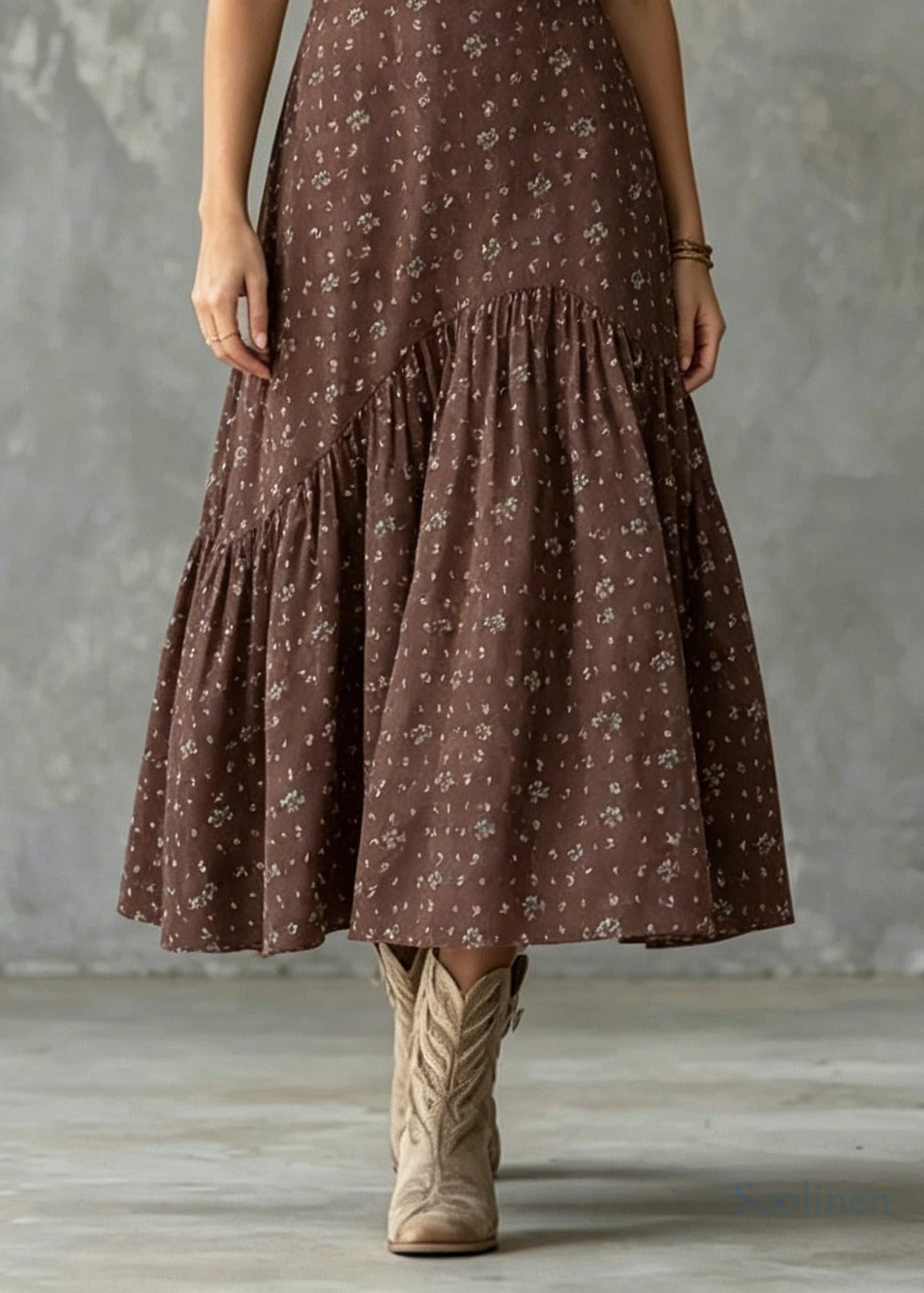 Stylish Brown Square Collar Print Cotton Long Dresses Summer
